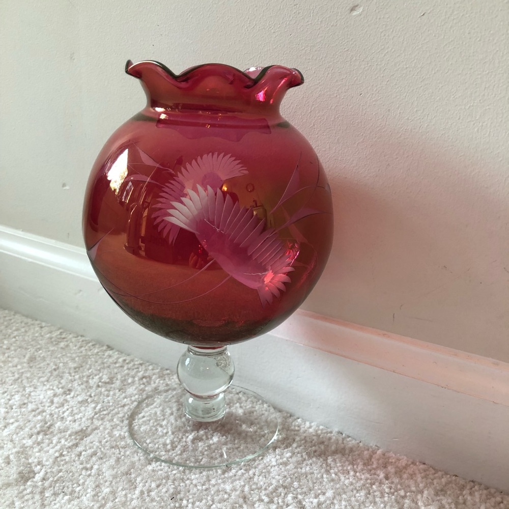 Round Globe Glass Vase or Candle Holder Red or Pink Etched & Ruffled Edge Glass